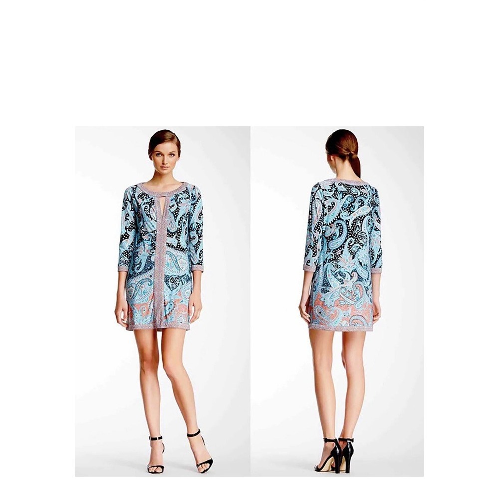 BCBG Maxazria AVILA L Paisley Mini Shift Dress Tunic  Turquoise Cutout Neck